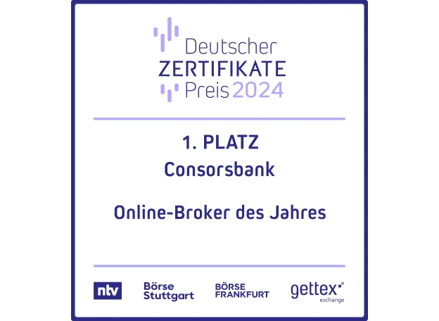 Auszeichnung Deutscher Zertifikatepreis 2024 - 1. Platz Online-Broker des Jahres