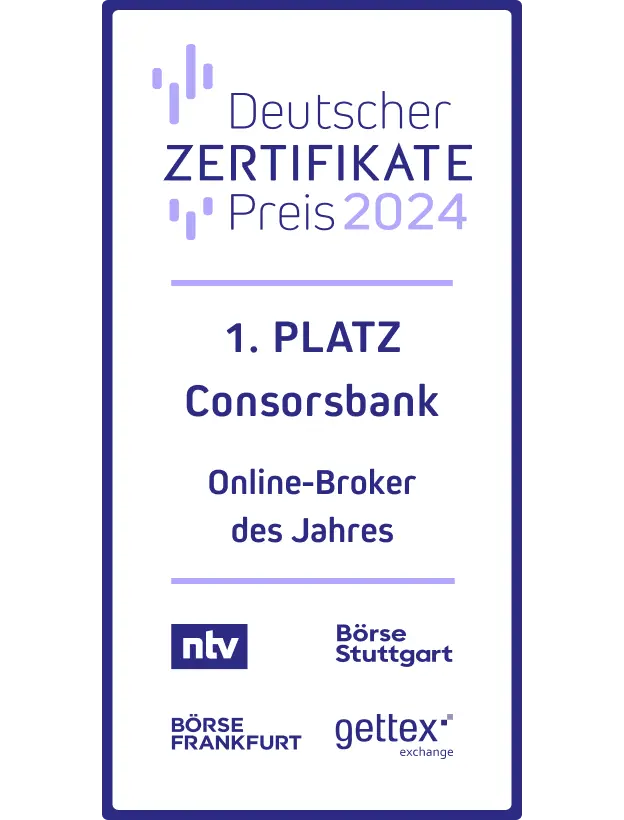 Auszeichnung Deutscher Zertifikatepreis 2024 - 1. Platz Online-Broker des Jahres