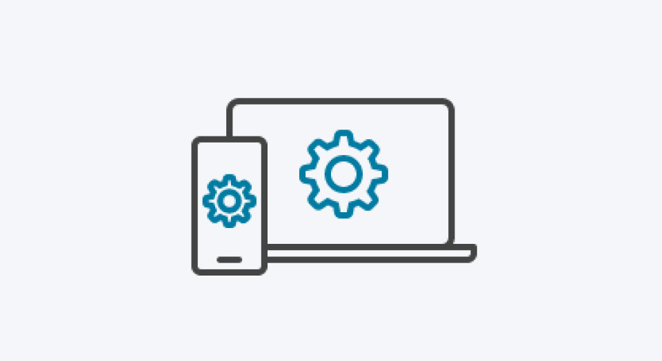 Icon Smartphone und Laptop mit blauem Zahnrad auf dem Bildschirm für das Betriebssystem