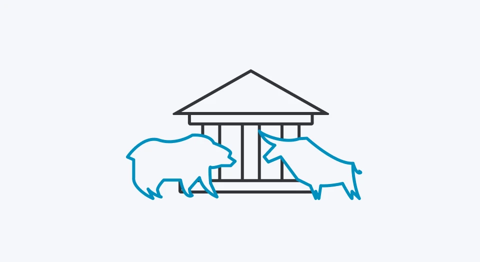 Icon Bankgebäude mit Bulle und Bär in blau