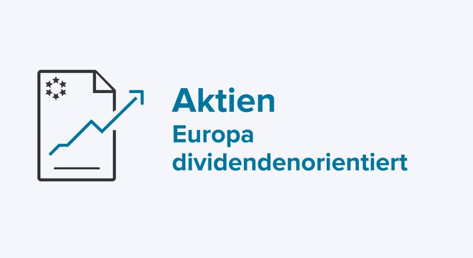 Icon mit stilisiertem Aktienchart und blauem Text: Aktien Europa dividendenorientiert 