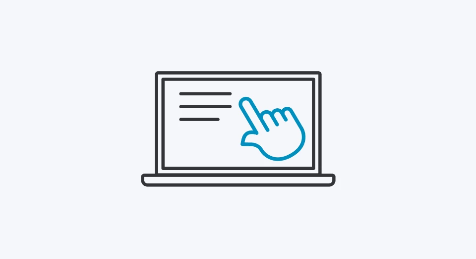 Icon Laptop mit schwarzen Linien als Text und blauem Mauszeiger in Form eines Fingers