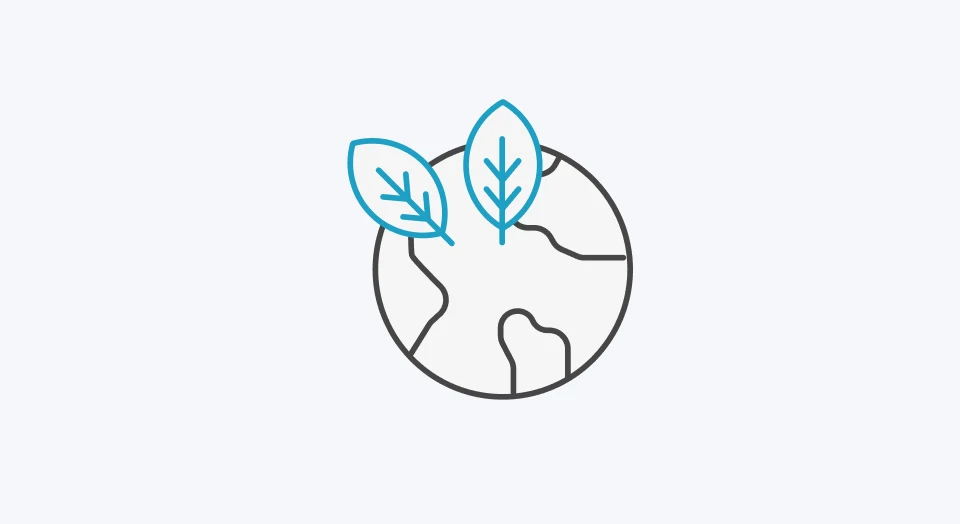 Icon Weltkugel mit zwei blauen Laubblättern