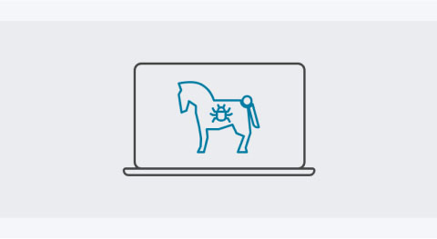 Icon mit Laptop und trojanischem Pferd in blau auf dem Bildschirm