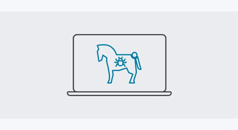Icon mit Laptop und trojanischem Pferd in blau auf dem Bildschirm