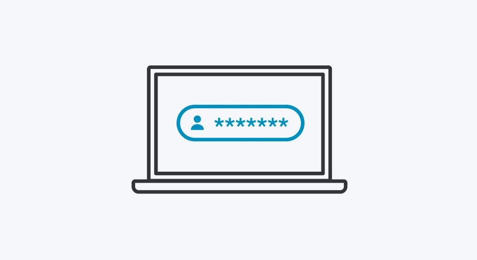 Icon Laptop mit anonymisierten Zugangsdaten auf dem Bildschirm in blau