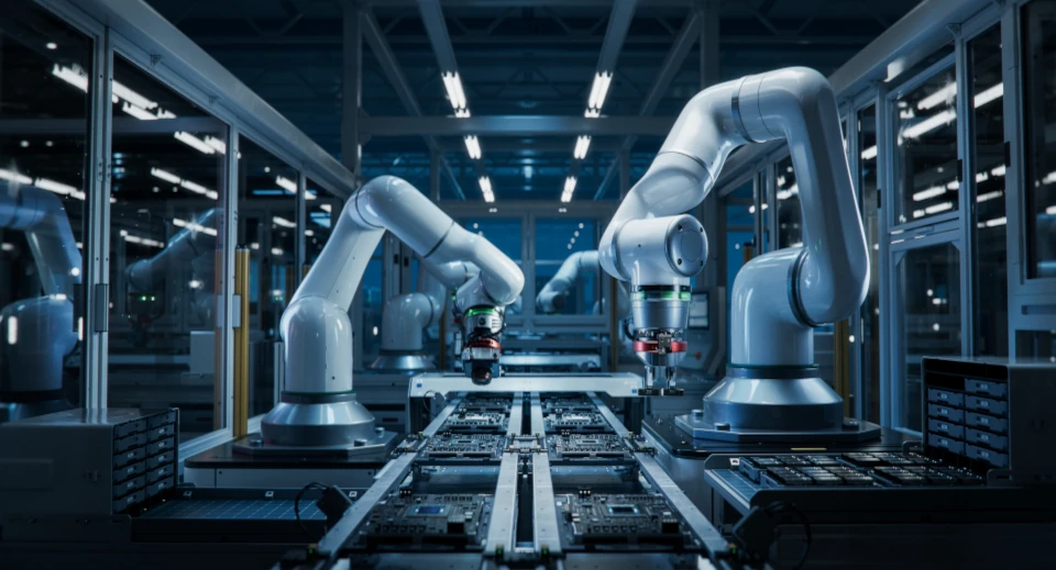 Zwei Roboterarme arbeiten an Platinen