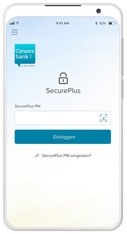 Smartphone mit geöffneter Consorsbank SecurePlus App