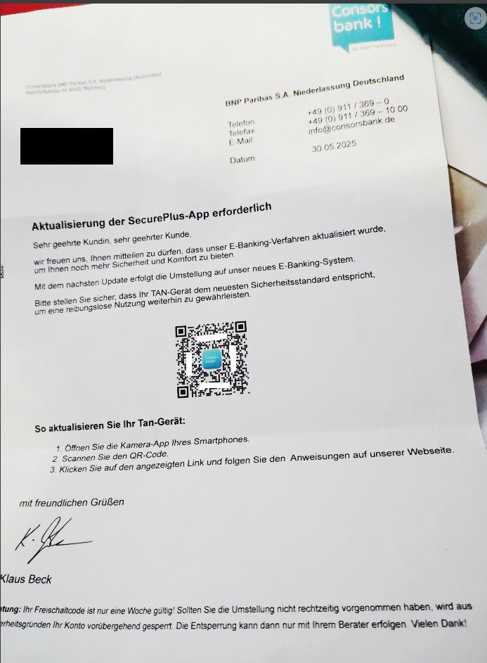 Betrügerischer Brief im Namen der Consorsbank mit QR-Code