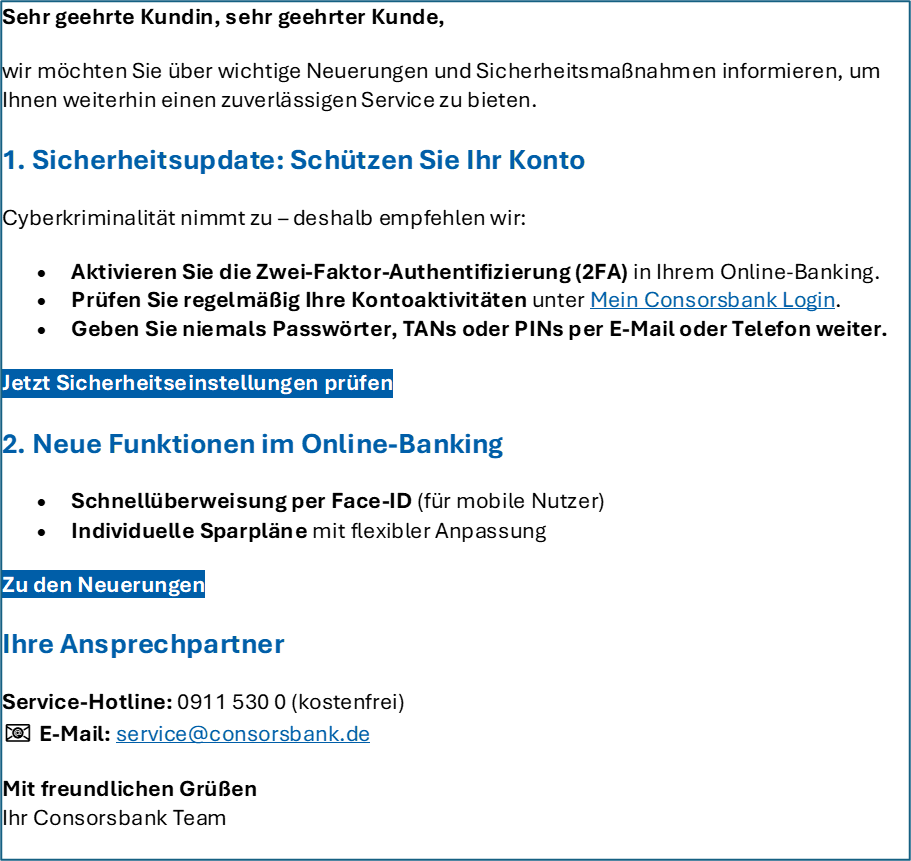 Phishing-Mail im Namen der Consorsbank mit Phishingwarnung
