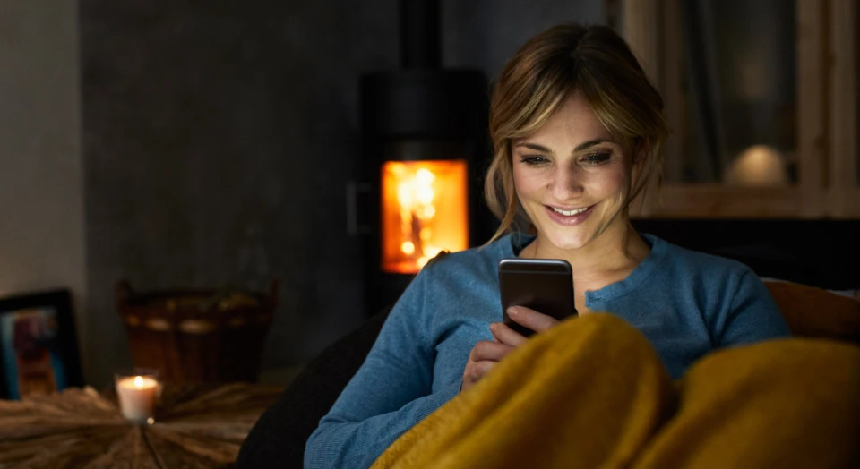 Blonde Frau mit blauer Bluse sitzt abends zugedeckt auf dem Sofa und schaut in ihr Smartphone