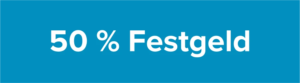 50 % Festgeld Schriftzug in weiß auf hellblauem Hintergrund