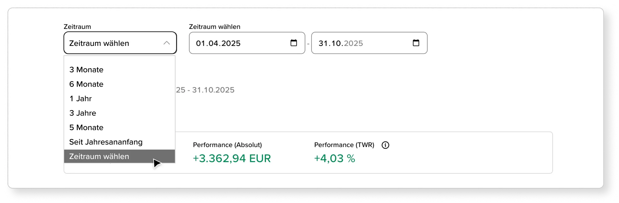 Bildausschnitt aus der Depotanalyse, der die Auswahlmöglichkeiten für einen Zeitraum zeigt.