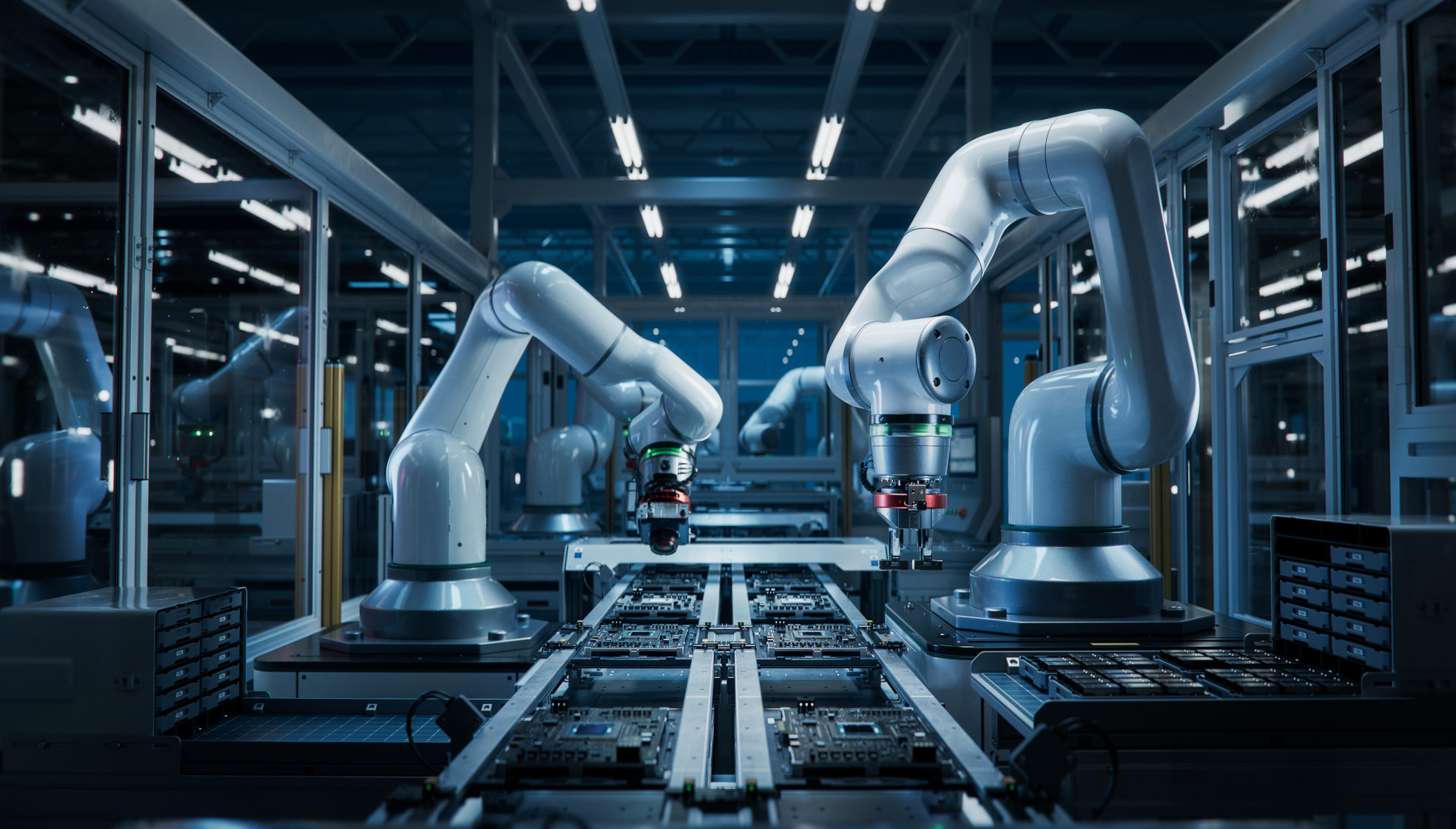 Zwei Roboterhände arbeiten in Firma an Platinen