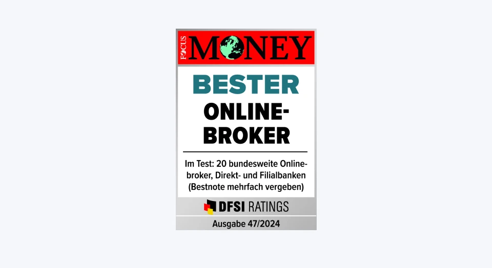 Auszeichnung Bester Online-Broker von FOCUS Money auf hellgrauem Hintergrund