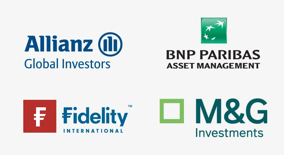 Logos von Allianz Global Investors, BNP Paribas Asset Management, Fidelity International und M&G Investments auf hellgrauem Hintergrund