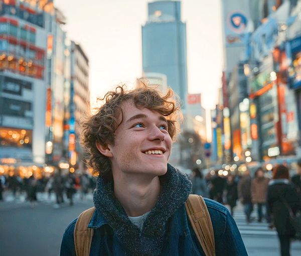 Junger Mann mit Locken schaut nach rechts oben in einer Strasse mit Neonreklame
