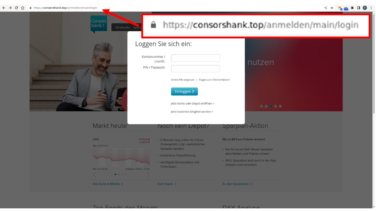 Screenshot URL der Phishing-Website