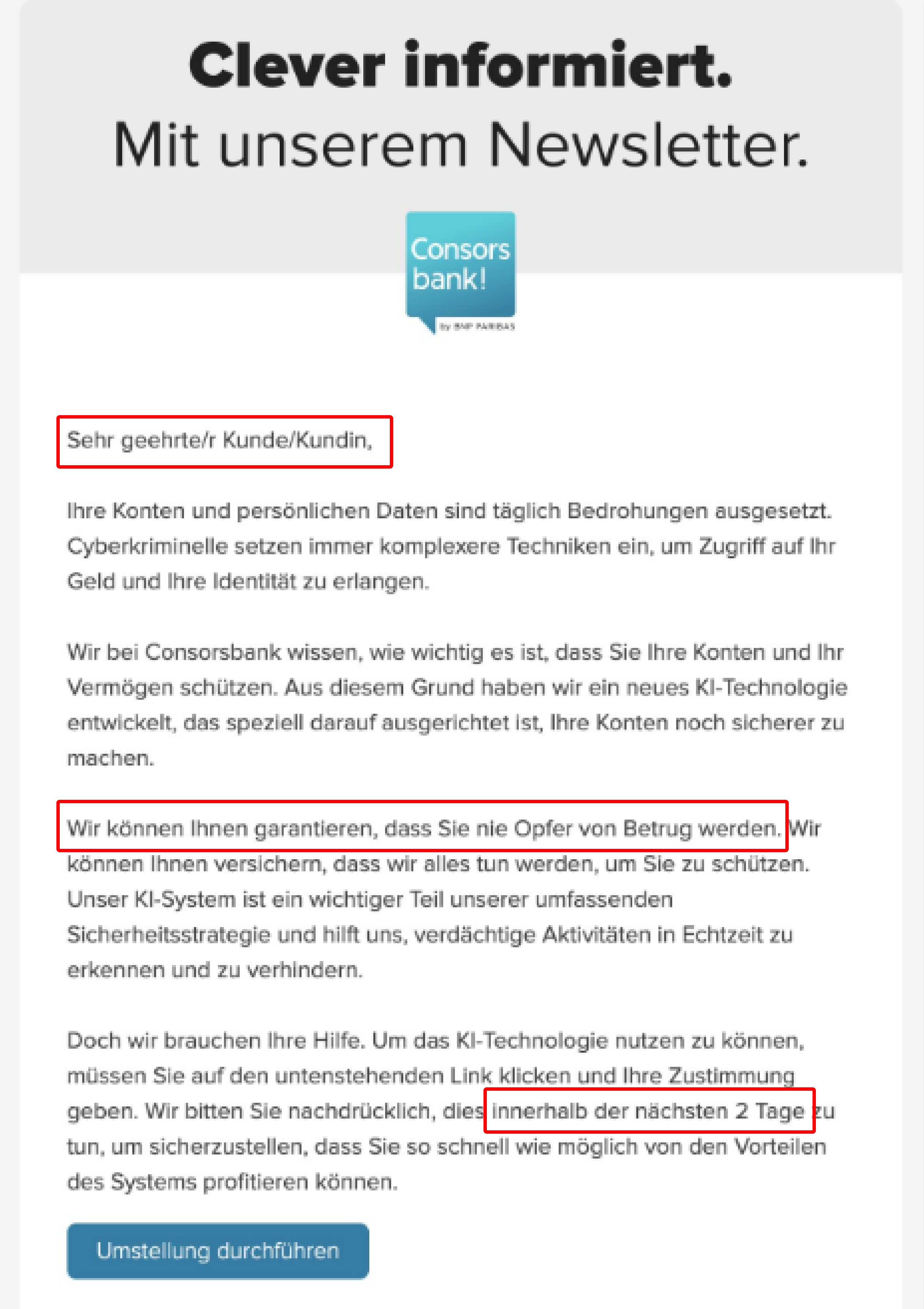 Screenshot des Phishing Newsletters