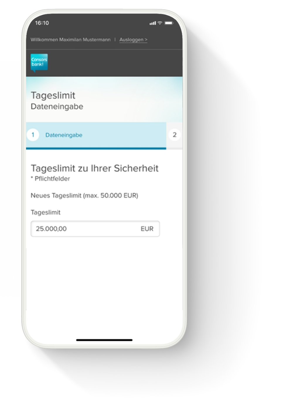 Smartphone mit geöffneter Tageslimitänderung in der Consorsbank App