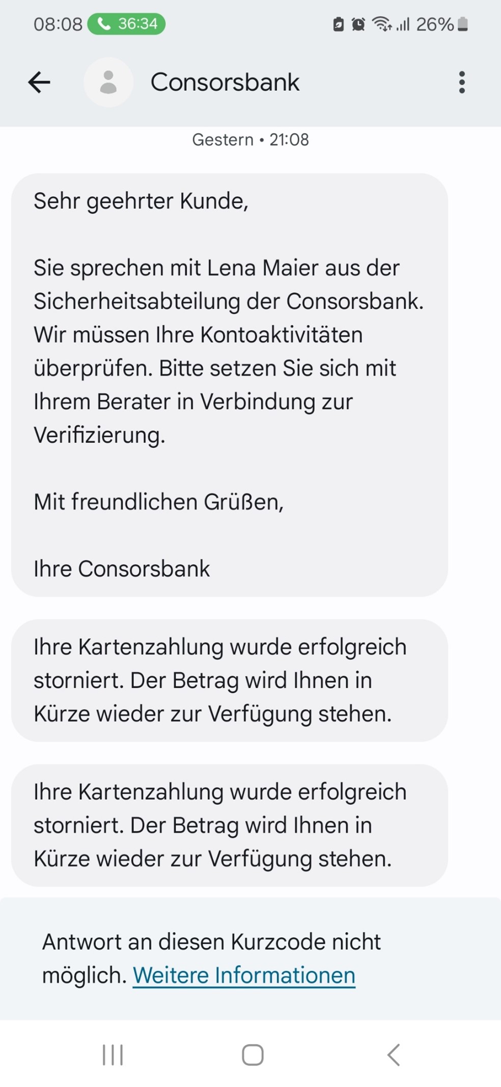 Screenshot der SMS vom Telefonbetrug